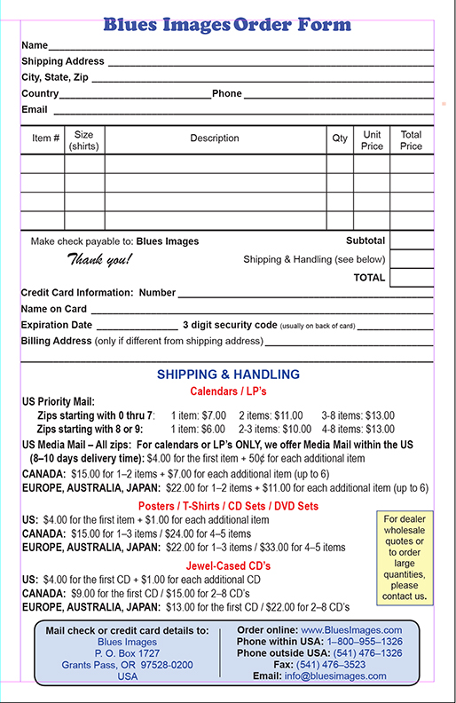 Blues Images Mail Order Form to print out and mail